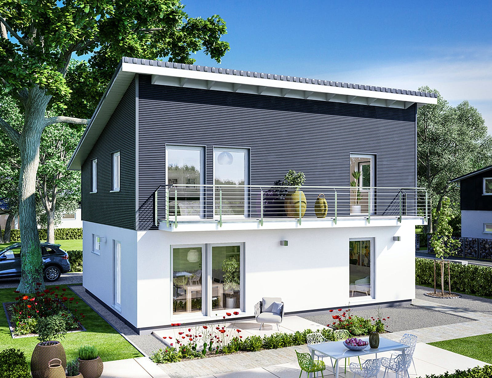 Fertighaus E 15-143.33 - Haus mit Pultdach von SchwörerHaus Schlüsselfertig ab 353800€, Pultdachhaus Außenansicht 1