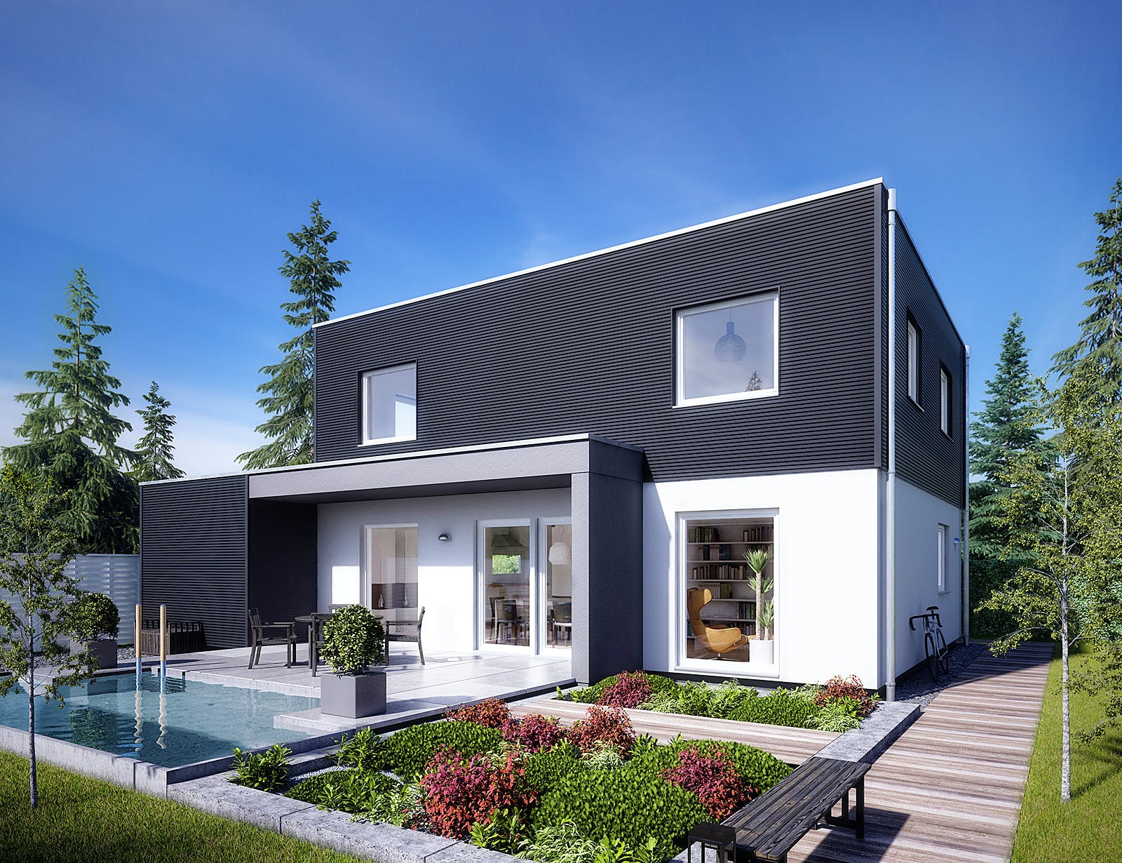 Fertighaus E 20-144.6 - Moderner Bauhausstil von SchwörerHaus Schlüsselfertig ab 335300€, Cubushaus Außenansicht 1