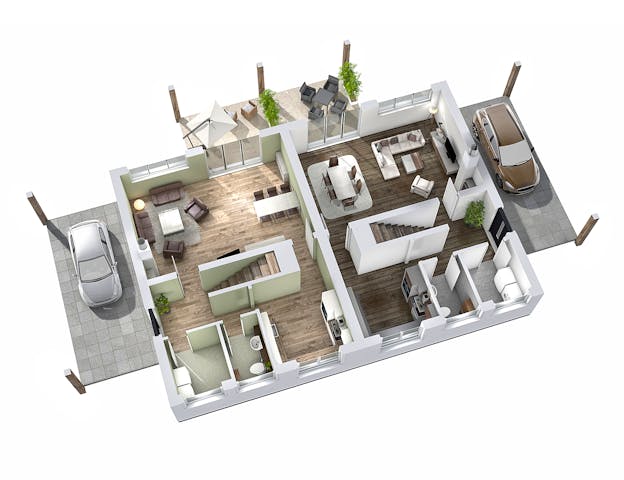 Doppelhaus-Grundriss mit Carport, der gleichzeitig den jeweiligen Eingangsbereich seitlich überdacht, von Ytong Bausatzhaus