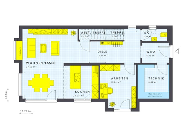 Fertighaus SUNSHINE 156 V2 von Living Fertighaus Schlüsselfertig ab 356800€, Satteldach-Klassiker Grundriss 1