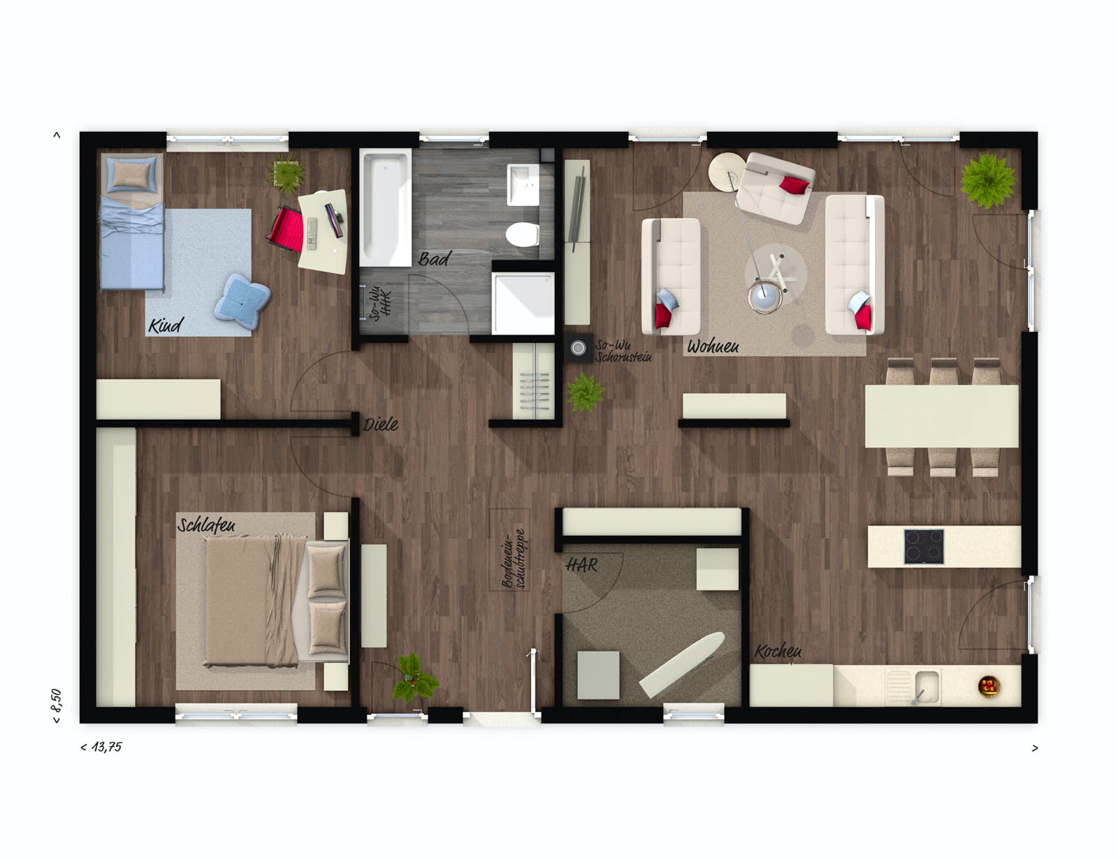 Massivhaus Bungalow 100 von Town & Country Haus Deutschland Schlüsselfertig ab 198750€, Bungalow Grundriss 1