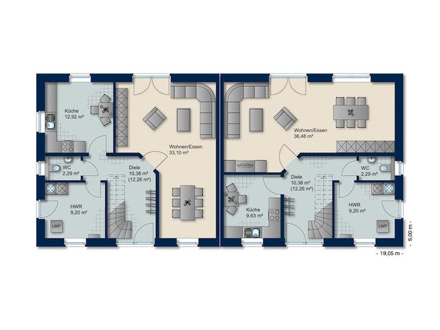 Massivhaus Doppelhaus 140-1 von Team Massivhaus Schlüsselfertig ab 202400€, Satteldach-Klassiker Grundriss 1