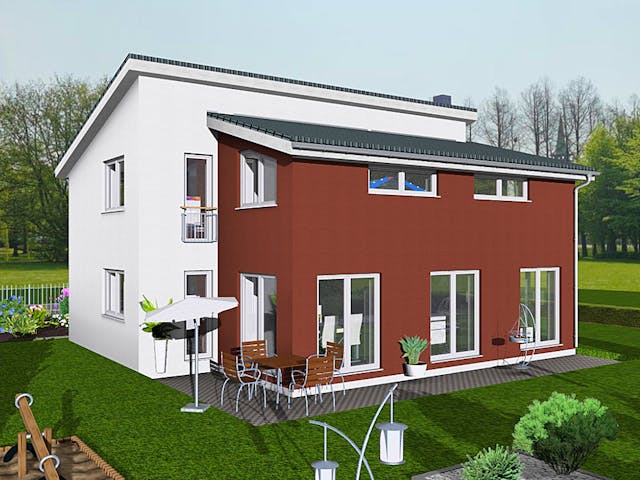 Massivhaus Medi 143 von BauService Timm, Pultdachhaus Außenansicht 1