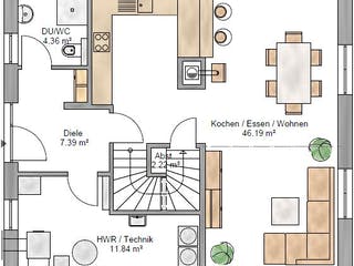 Fertighaus Trendline 140 von Suckfüll Energiesparhaus Schlüsselfertig ab 402975€, Satteldach-Klassiker Grundriss 1