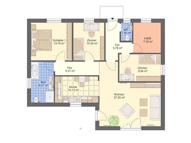 Massivhaus Bungalow W_105 von VARIODOMO Bausysteme Schlüsselfertig ab 274340€, Bungalow Grundriss 1
