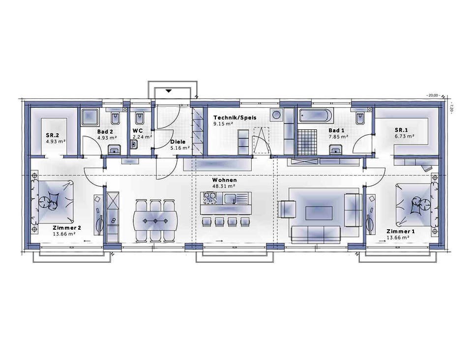Fertighaus Bungalow Pannonia von Vario-Haus - Deutschland Schlüsselfertig ab 326010€, Bungalow Grundriss 1