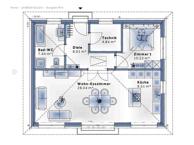 Fertighaus Bungalow Five von Vario-Haus - Deutschland Schlüsselfertig ab 237100€, Bungalow Grundriss 1