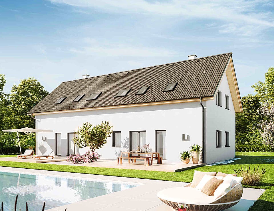 Fertighaus Duplex D115 von Vario-Haus - Deutschland Schlüsselfertig ab 307150€, Satteldach-Klassiker Außenansicht 2