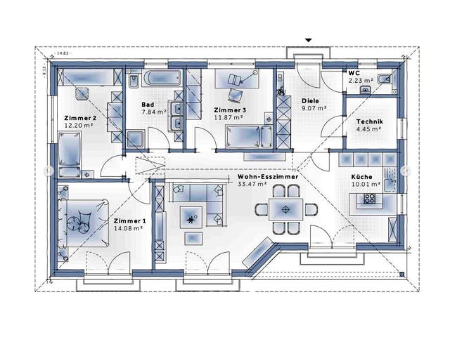 Fertighaus Family Compact von Vario-Haus - Deutschland Schlüsselfertig ab 285970€, Bungalow Grundriss 1