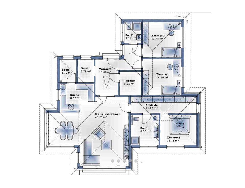 Fertighaus Bungalow S141 mit Einliegerwohnung von Vario-Haus - Deutschland Schlüsselfertig ab 375340€, Bungalow Grundriss 1
