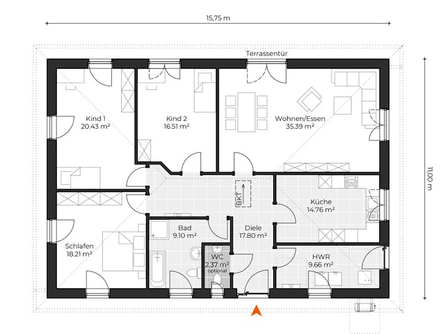 Massivhaus Bungalow V145 von Virtus Massivhaus Schlüsselfertig ab 229500€, Bungalow Grundriss 1