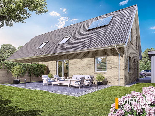 Massivhaus Doppelhaus V120 von Virtus Massivhaus Schlüsselfertig ab 192500€, Satteldach-Klassiker Außenansicht 1 Massivhaus Doppelhaus V120 von Virtus Massivhaus Schlüsselfertig ab 192500€, Satteldach-Klassiker Außenansicht 1