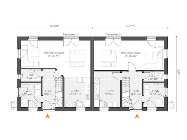Massivhaus Doppelhaus V120 von Virtus Massivhaus Schlüsselfertig ab 192500€, Satteldach-Klassiker Grundriss 1