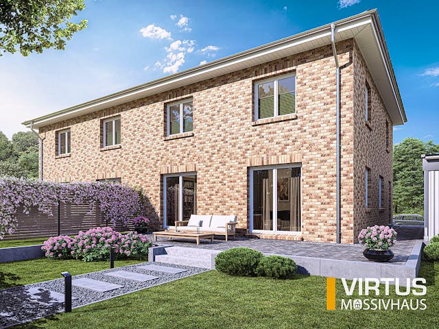 Massivhaus Doppelhaus V150 von Virtus Massivhaus Schlüsselfertig ab 222900€, Stadtvilla Außenansicht 1 Massivhaus Doppelhaus V150 von Virtus Massivhaus Schlüsselfertig ab 222900€, Stadtvilla Außenansicht 1