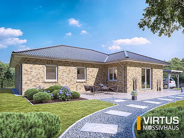Massivhaus Winkelbungalow V115 von Virtus Massivhaus Schlüsselfertig ab 210500€, Bungalow Außenansicht 1