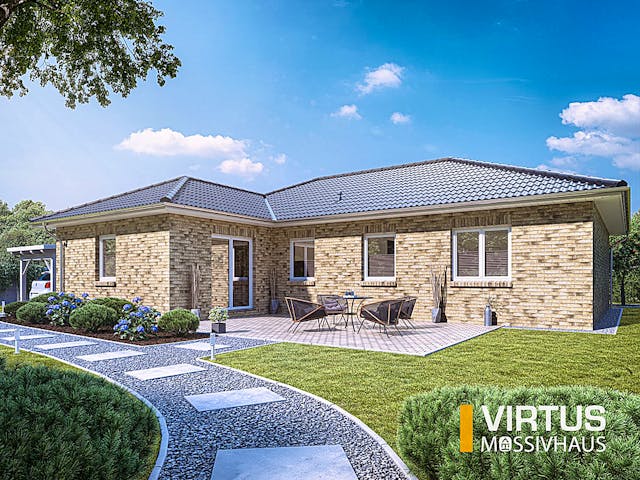 Massivhaus Winkelbungalow V125 von Virtus Massivhaus Schlüsselfertig ab 219600€, Bungalow Außenansicht 1 Massivhaus Winkelbungalow V125 von Virtus Massivhaus Schlüsselfertig ab 219600€, Bungalow Außenansicht 1