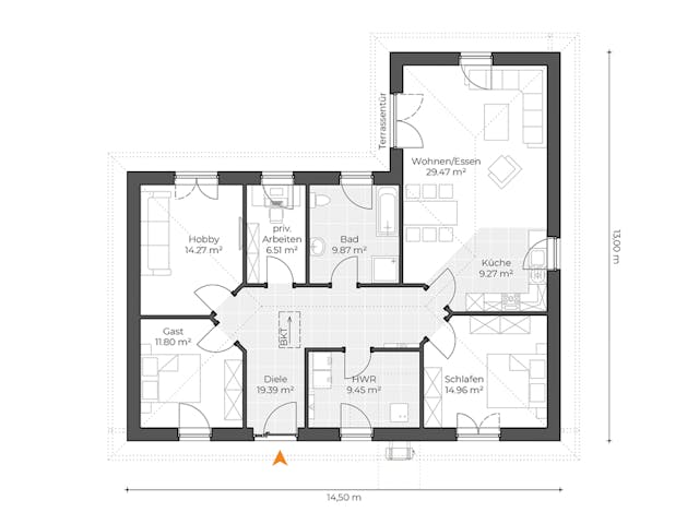 Massivhaus Winkelbungalow V125 von Virtus Massivhaus Schlüsselfertig ab 219600€, Bungalow Grundriss 1 Massivhaus Winkelbungalow V125 von Virtus Massivhaus Schlüsselfertig ab 219600€, Bungalow Grundriss 1