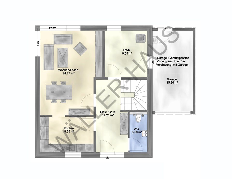 Massivhaus BASIC 105 SD von Wäller-Haus, Satteldach-Klassiker Grundriss 1