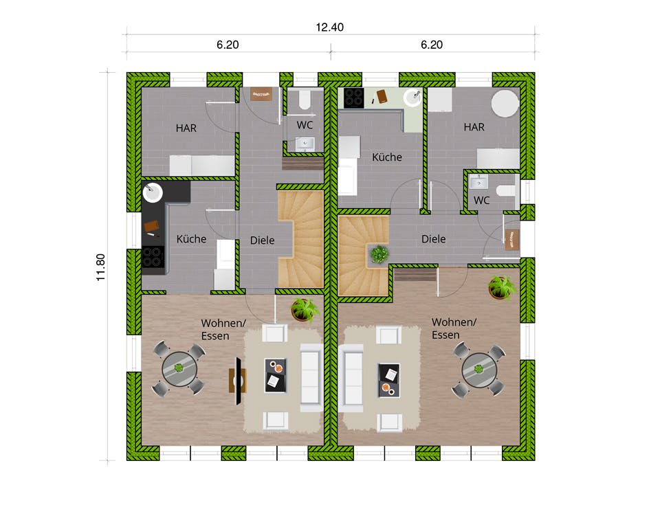 Massivhaus DHH Stadthaus 110 von WBI Hausbau Schlüsselfertig ab 199600€, Satteldach-Klassiker Grundriss 1