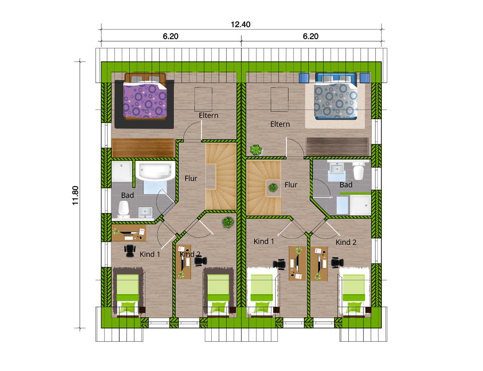 Massivhaus DHH Stadthaus 110 von WBI Hausbau Schlüsselfertig ab 199600€, Satteldach-Klassiker Grundriss 2
