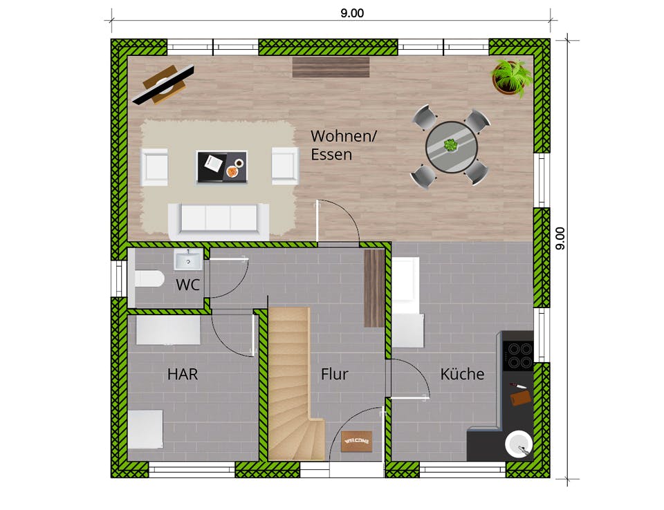 Massivhaus Junges Wohnen von WBI Hausbau Schlüsselfertig ab 212200€, Satteldach-Klassiker Grundriss 1