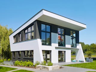 Fertighaus Ausstellungshaus Rheinau-Linx Jubiläumshaus von WeberHaus Schlüsselfertig ab 695000€, Pultdachhaus Außenansicht 1