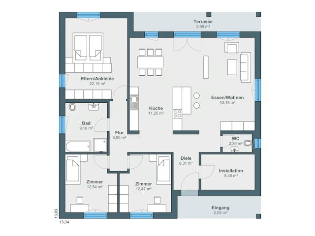 Fertighaus Kundenhaus myLife 402 von WeberHaus Schlüsselfertig ab 413180€, Bungalow Grundriss 1