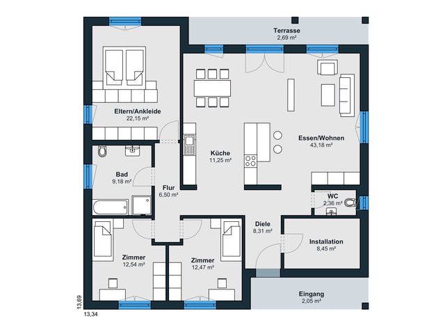 Fertighaus Kundenhaus myLife 402 von WeberHaus Schlüsselfertig ab 401800€, Bungalow Grundriss 1