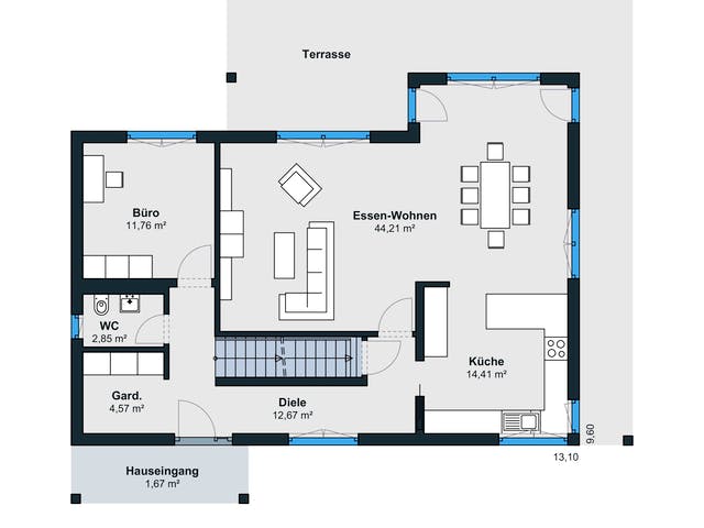Fertighaus Kundenhaus Reiter sunshine 310 von WeberHaus Schlüsselfertig ab 360560€, Satteldach-Klassiker Grundriss 1