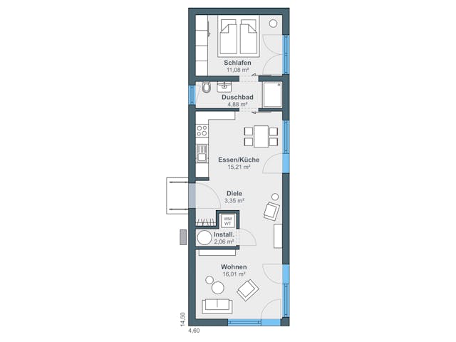 Fertighaus Option Bungalow mit Satteldach offen bis First von WeberHaus Schlüsselfertig ab 199000€, Bungalow Grundriss 1