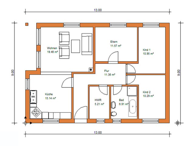 Massivhaus Bunganlow 252 von WEIOTT-Massiv-Haus, Bungalow Grundriss 1