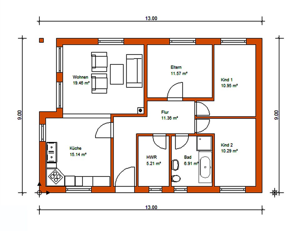 Massivhaus Bunganlow 252 von WEIOTT-Massiv-Haus, Bungalow Grundriss 1