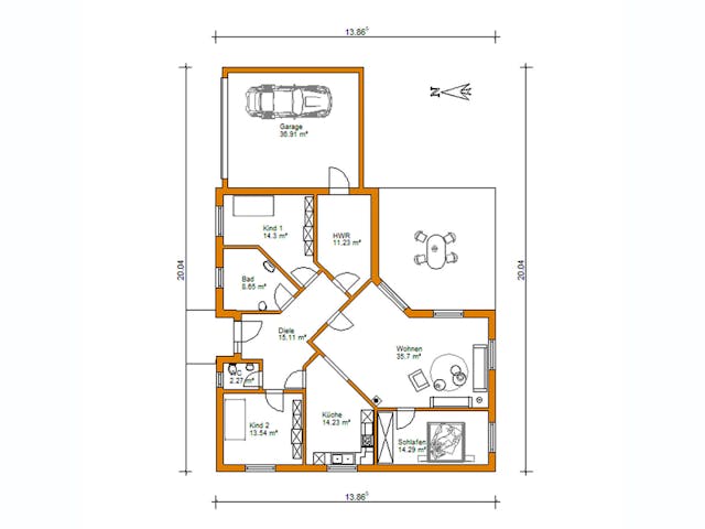 Massivhaus Bunganlow 353 von WEIOTT-Massiv-Haus, Bungalow Grundriss 1
