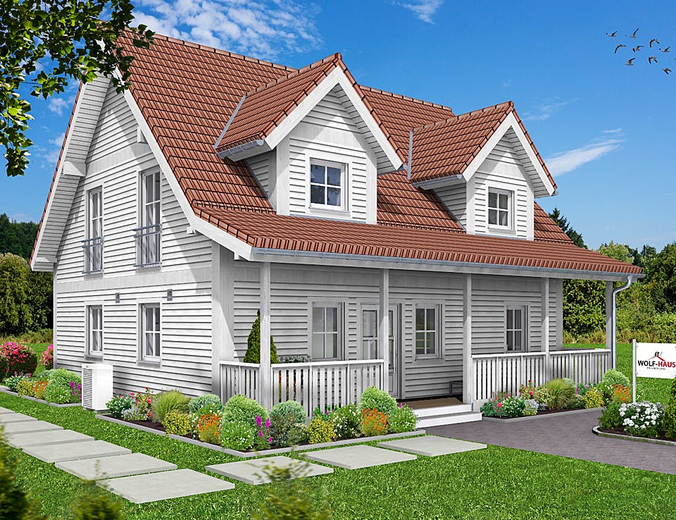 Fertighaus EDITION E 148 von Wolf-Haus Schlüsselfertig ab 397338€, Satteldach-Klassiker Außenansicht 1