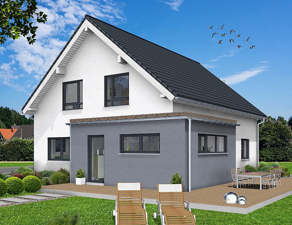 Fertighaus EDITION E 165 von Wolf-Haus Schlüsselfertig ab 399778€, Satteldach-Klassiker Außenansicht 1