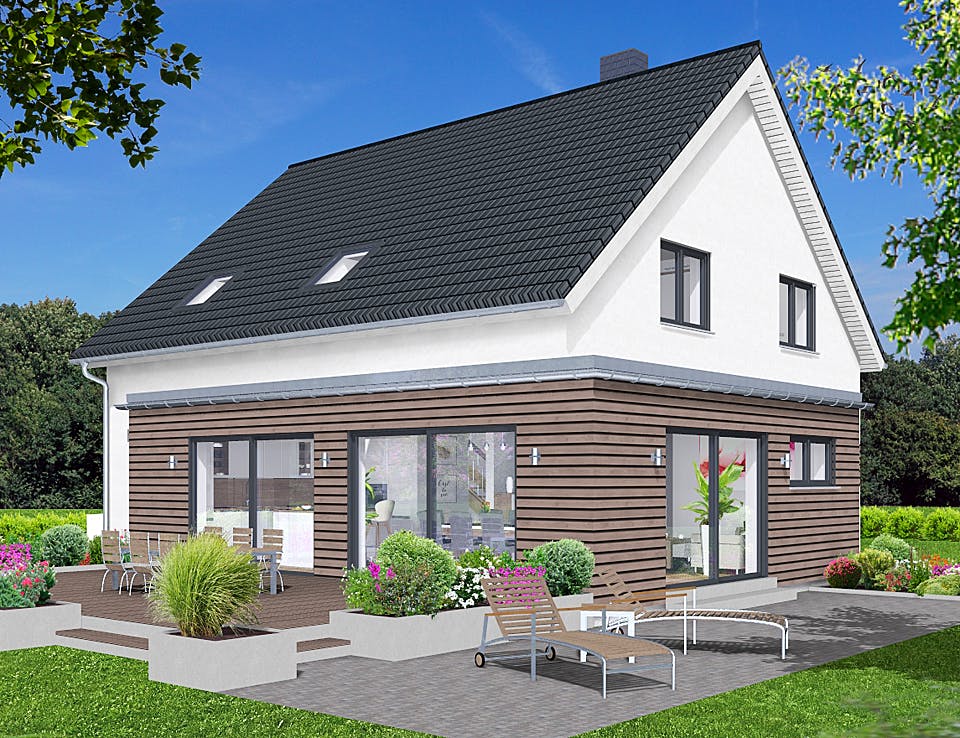 Fertighaus EDITION E 178 von Wolf-Haus Schlüsselfertig ab 436734€, Satteldach-Klassiker Außenansicht 1