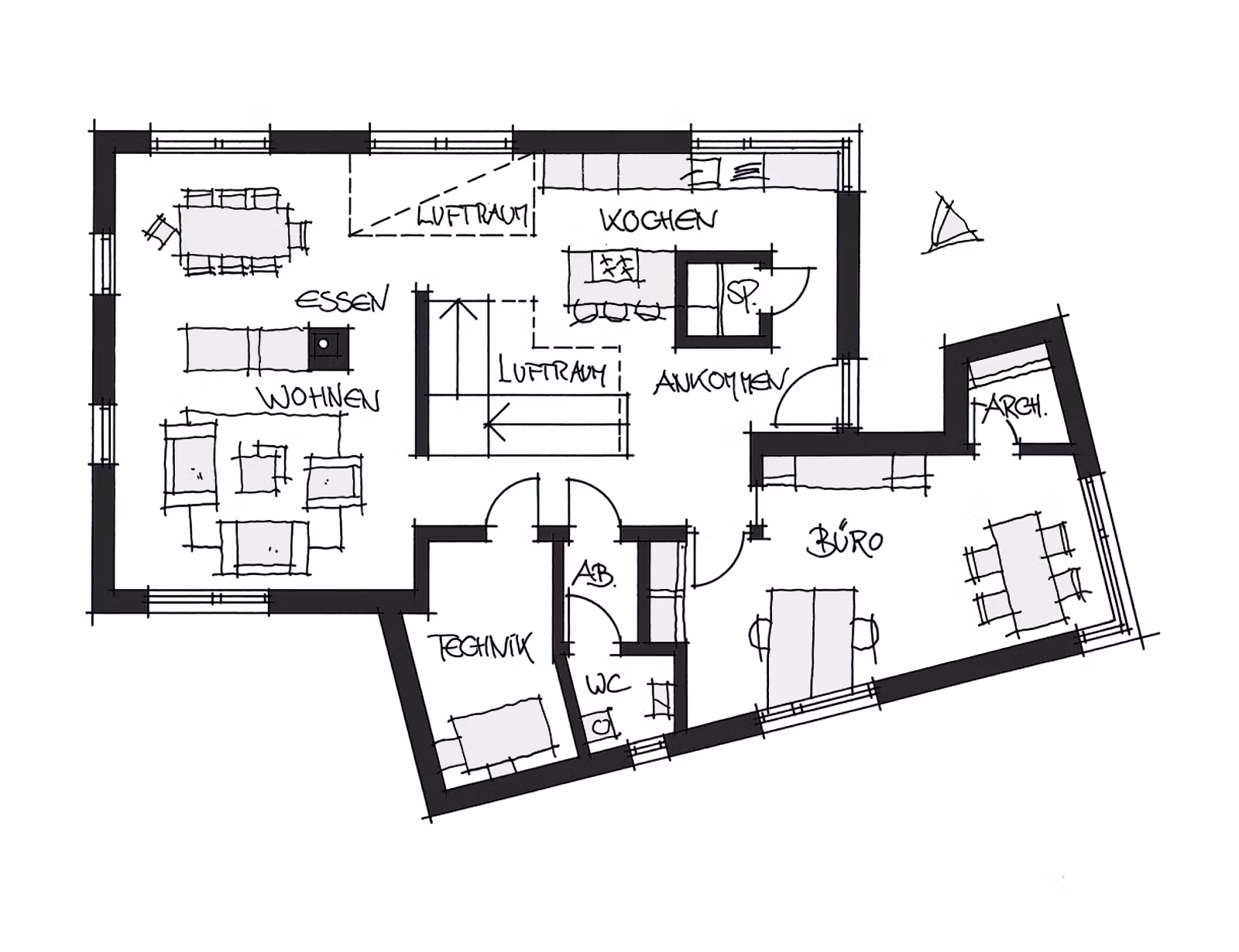 Fertighaus Musterhaus Poing von Wolf System, Pultdachhaus Grundriss 1