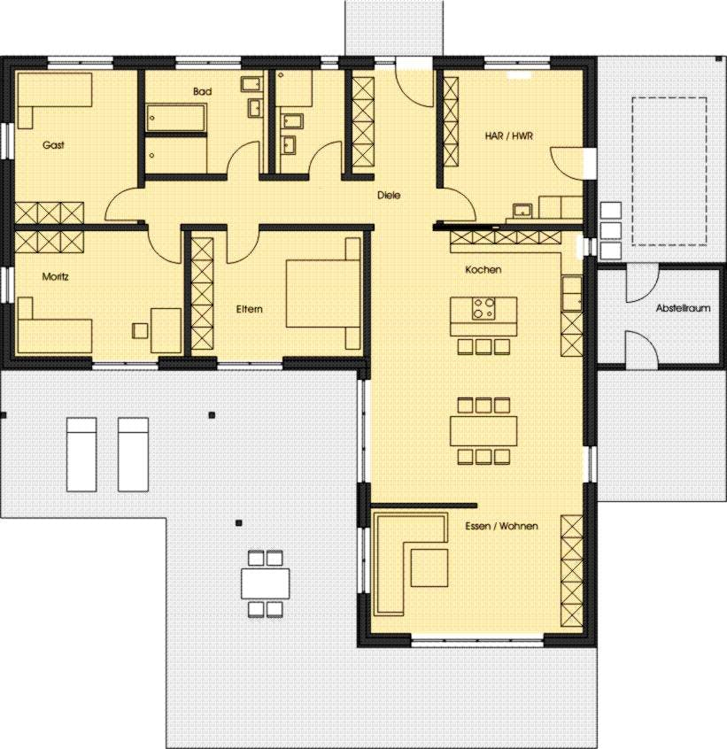Fertighaus Haus Kissel von Wiese und Heckmann, Bungalow Grundriss 1