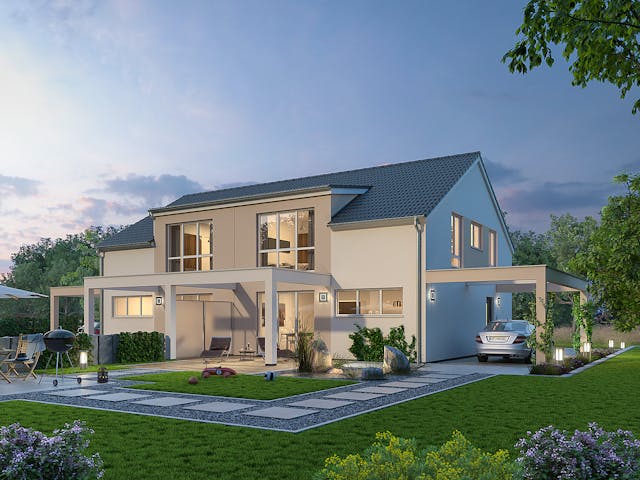 Massivhaus Doppelhaus DHH 119 von Ytong Bausatzhaus, Satteldach-Klassiker Außenansicht 1 Massivhaus Doppelhaus DHH 119 von Ytong Bausatzhaus, Satteldach-Klassiker Außenansicht 1